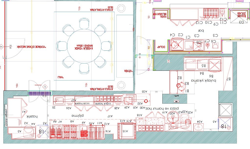 Örnek restoran mutfak planı — bar, pişirme ve hazırlık bölgeleri